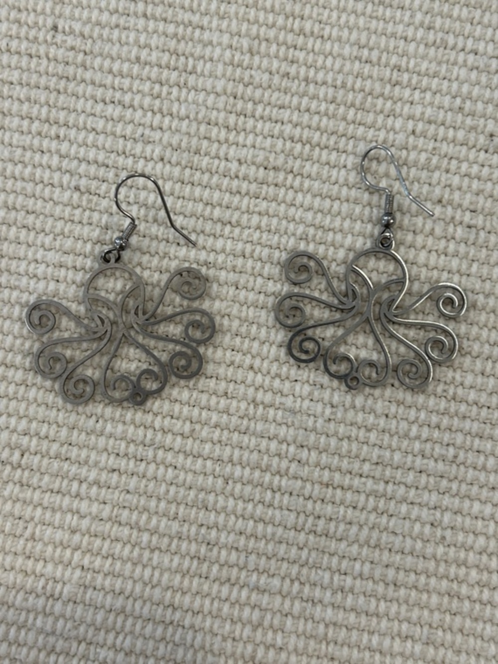 Ornate Silver Scrollwork Drop Octopus Earrings - Silver